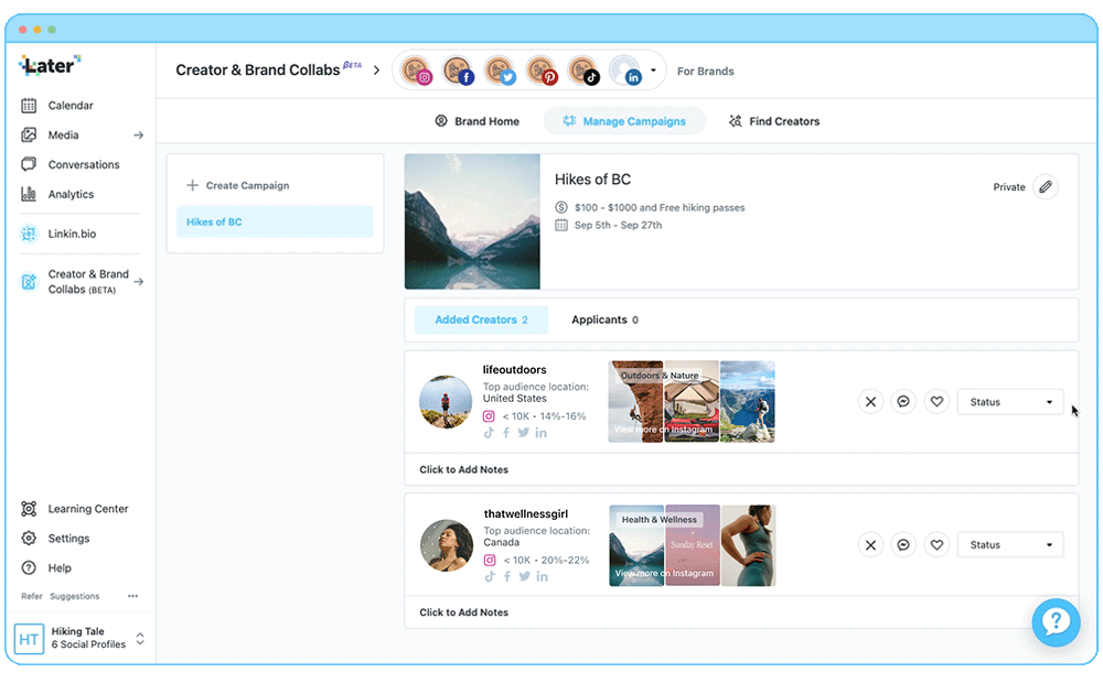 The brand Hiking Tale applies search filters to find creators within Later’s creator databaseHiking Tale changes creator’s status to contacted within campaigns Added Creators tab