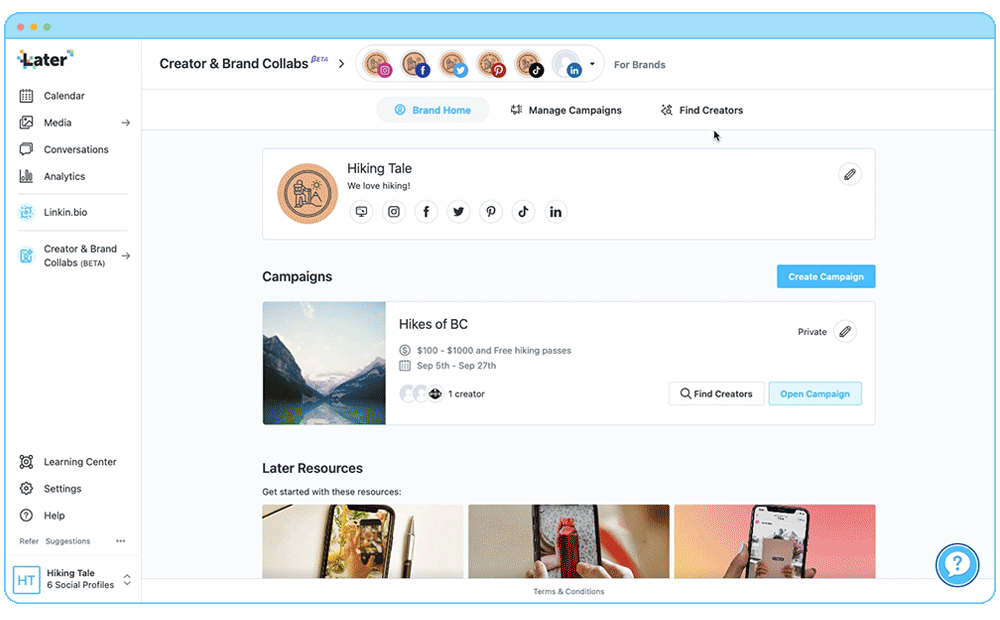  The brand Hiking Tale applies search filters to find creators within Later’s creator database