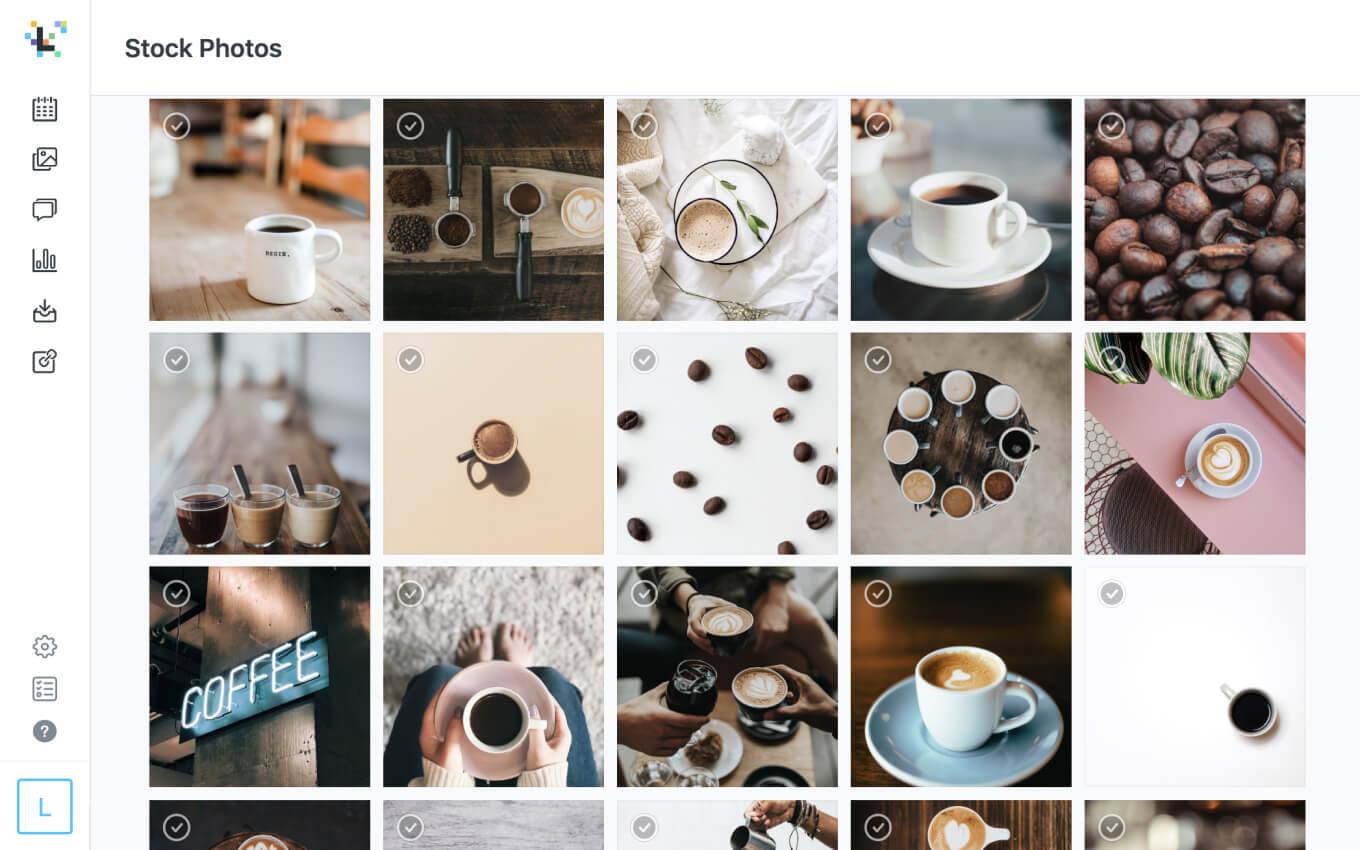 Screenshot of Later's Stock Photos feature using Unsplash photos for coffee search query