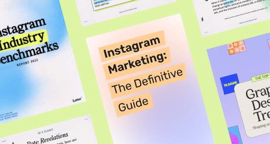 Imágenes decorativas de capturas de pantalla del Centro de Recursos de Marketing, que incluyen una guía de Marketing en Instagram.