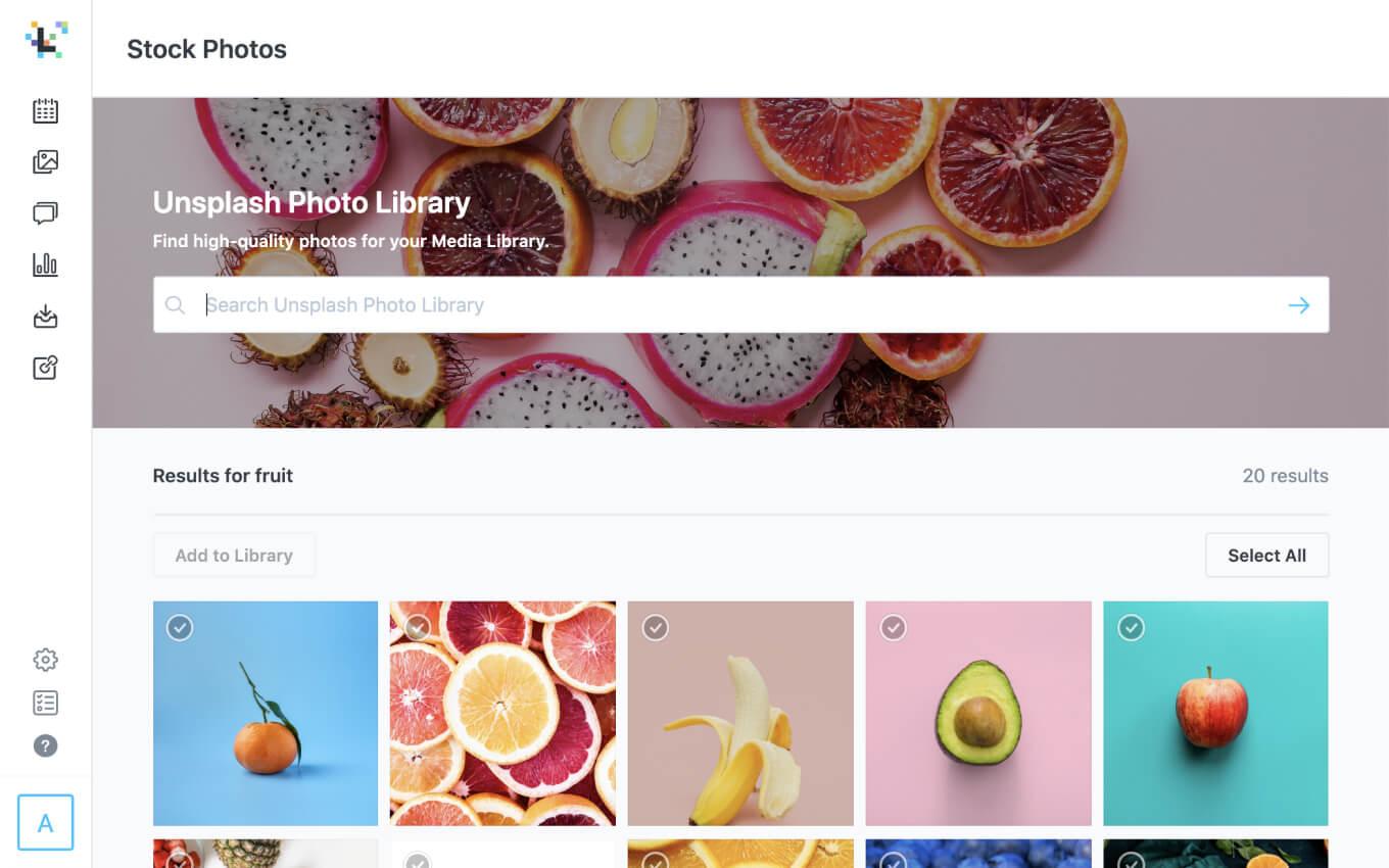 Screenshot of Later's Stock Photos feature using Unsplash photos for fruit search query