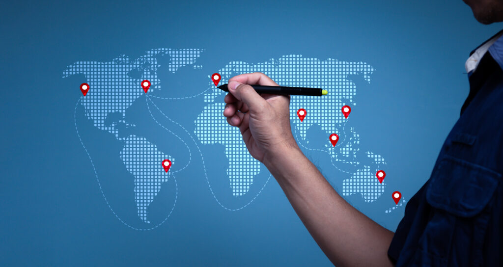 World map with points and routes labeled