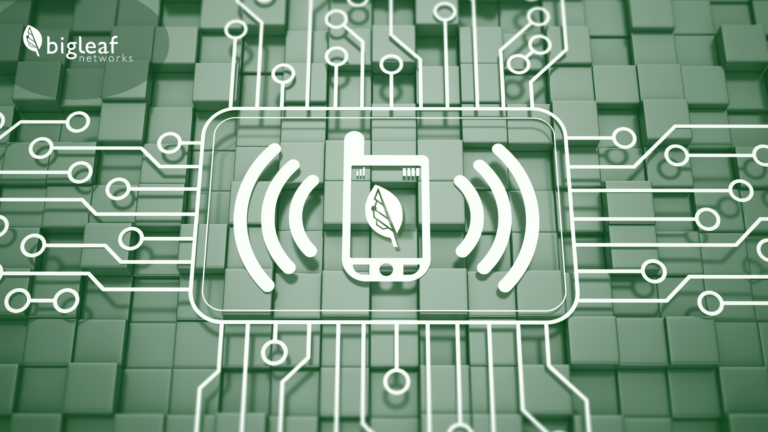 Illustration of a mobile device with wireless connectivity symbols and Bigleaf Networks logo.