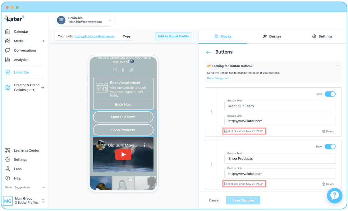 The number of Linkin.bio button clicks are found within the blocks menu on the Linkin.bio management page.