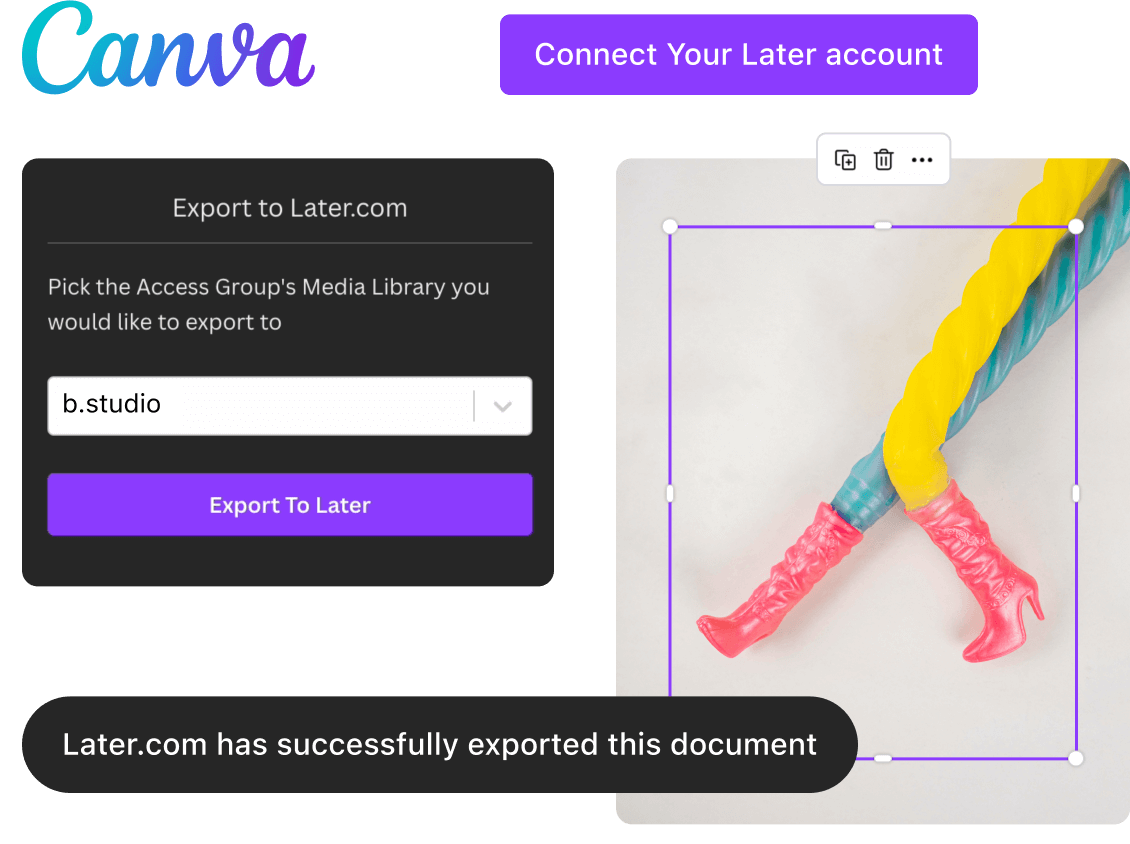 B Studio exports an image of pink cowboy boots from Canva to their Later account