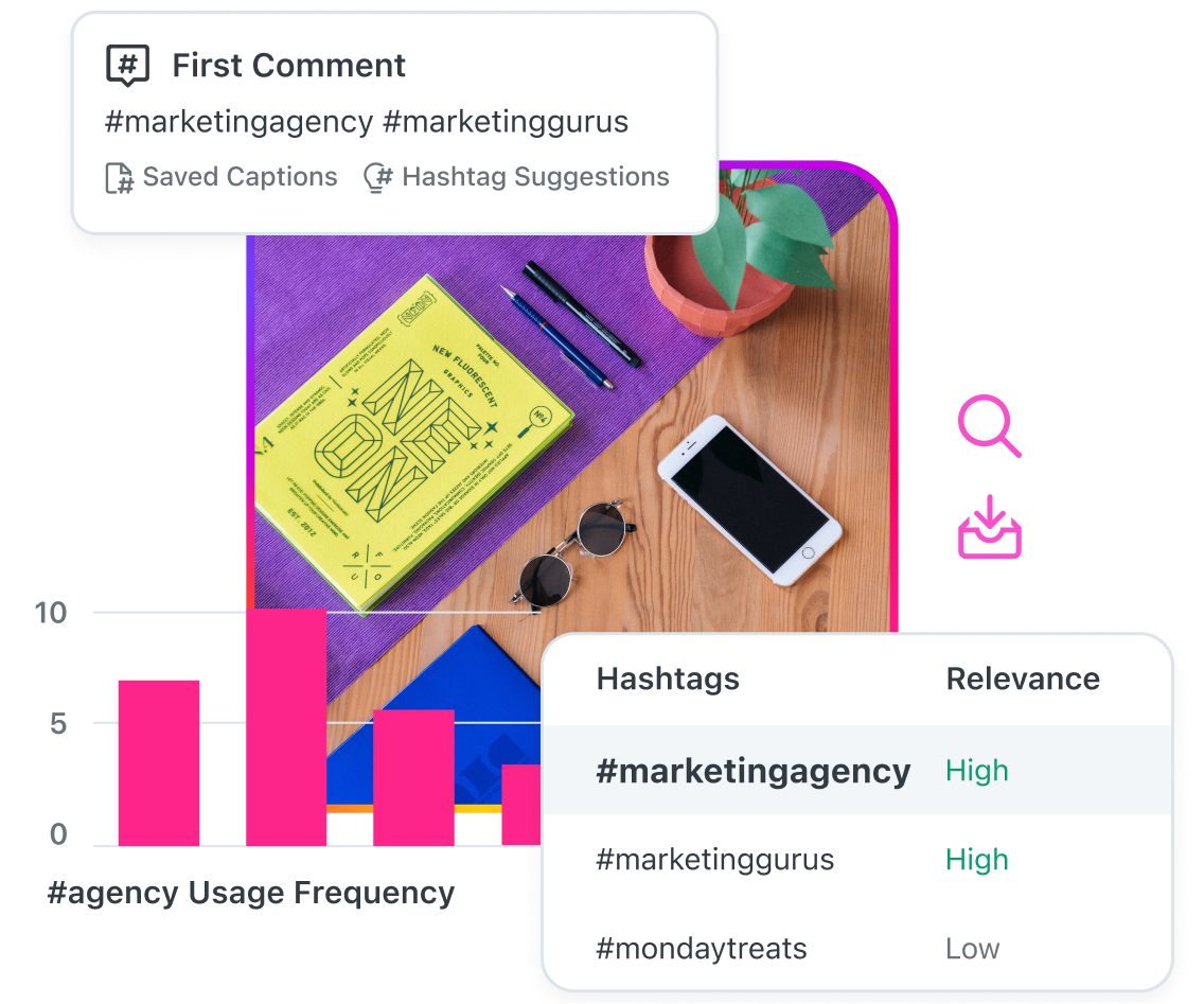 Use Laters Instagram hashtag tools to find relevant hashtags, add your first comment and evaluate hashtag performance