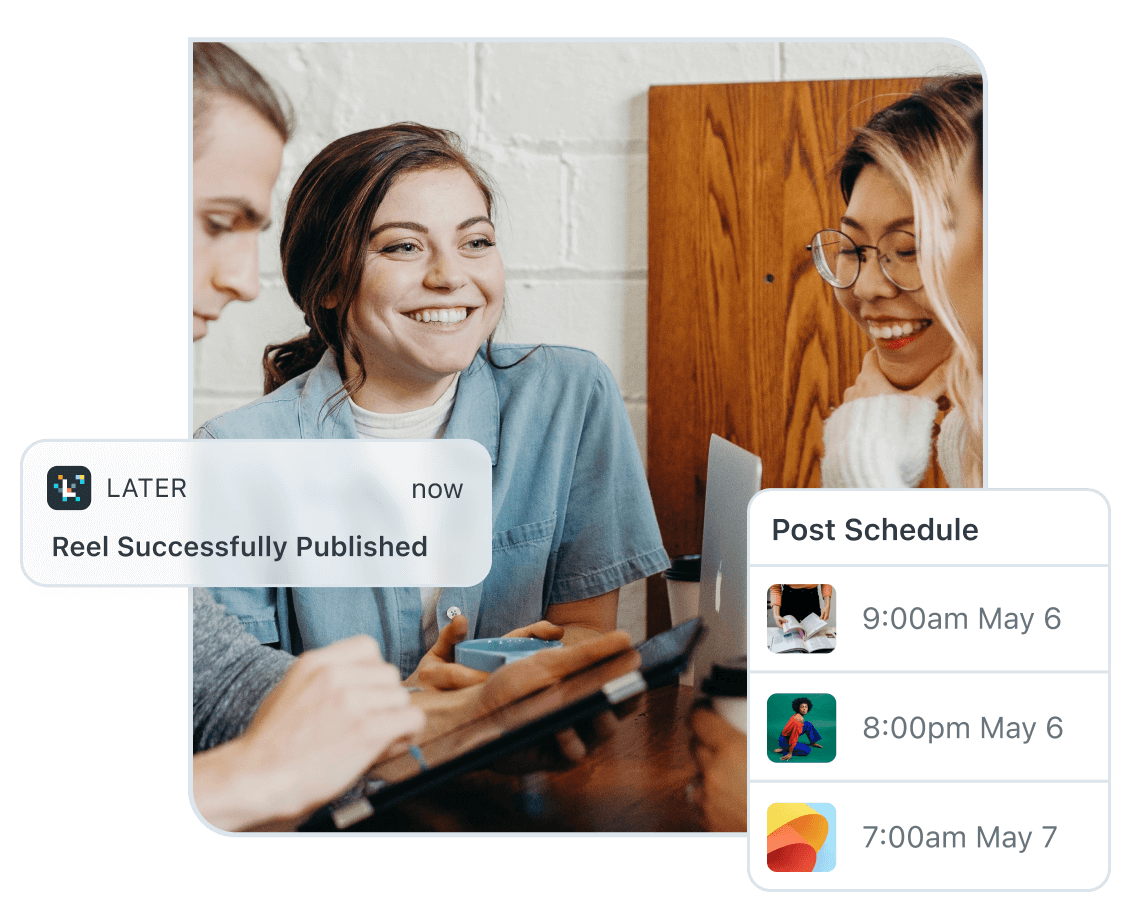 Three young people use the Later social media scheduler to schedule 3 social media posts and auto post an Instagram Reel