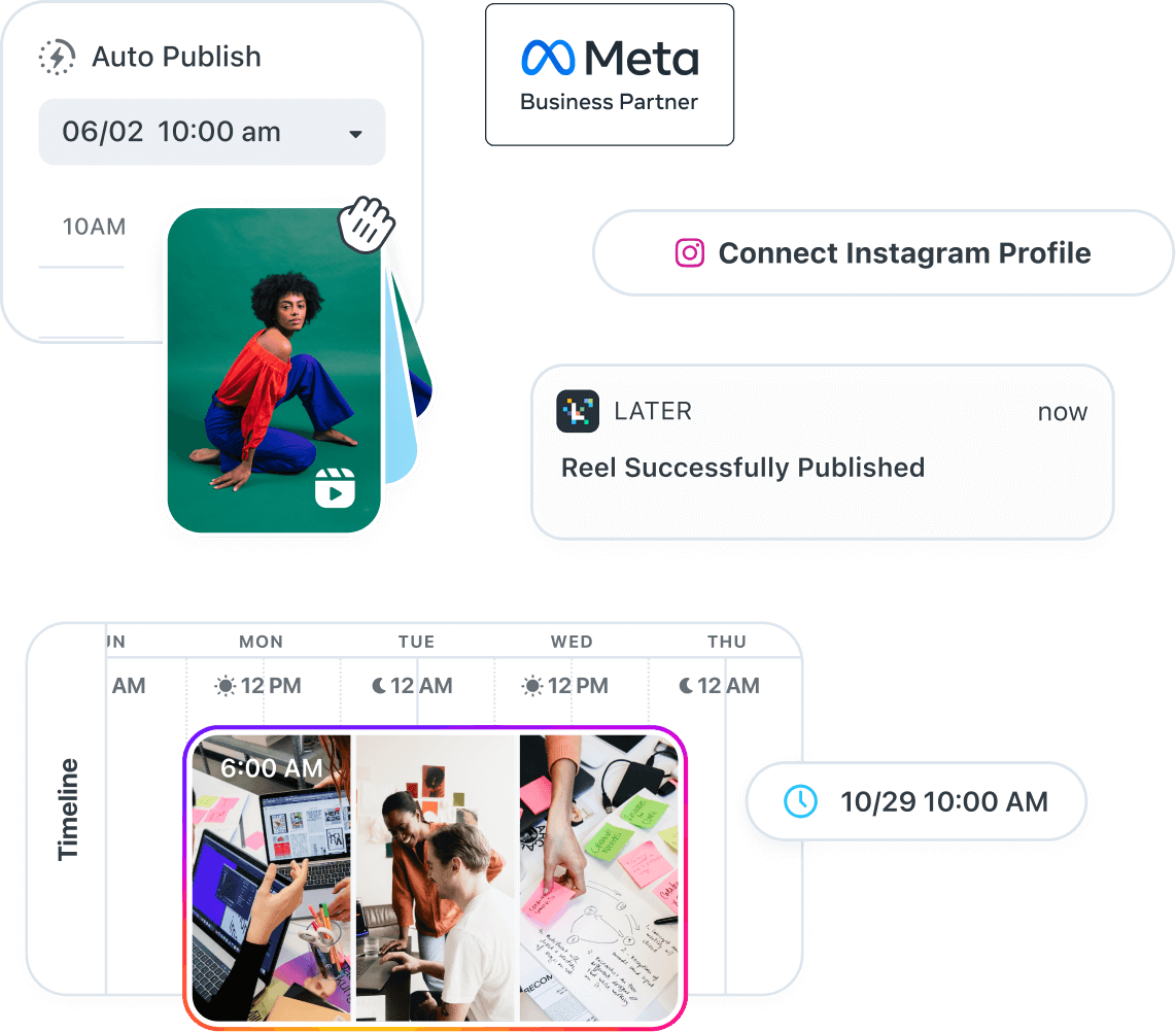 Collage of images showing how to schedule and auto post Instagram Reels and stories using Later, a Meta business partner