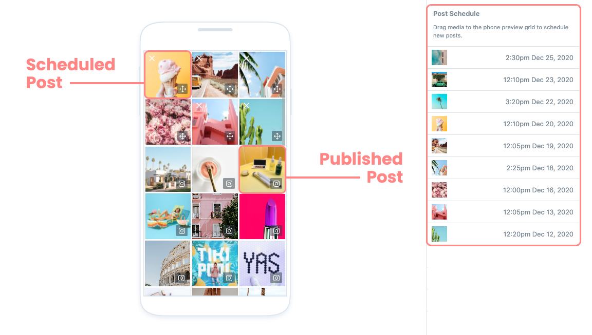 Image highlighting the mobile app's Post Schedule Overview, showing the difference between scheduled and published posts