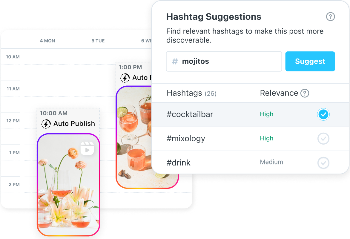 Local Mojitos posts reels at custom best time to post and uses hashtag suggestion tool for hashtag research