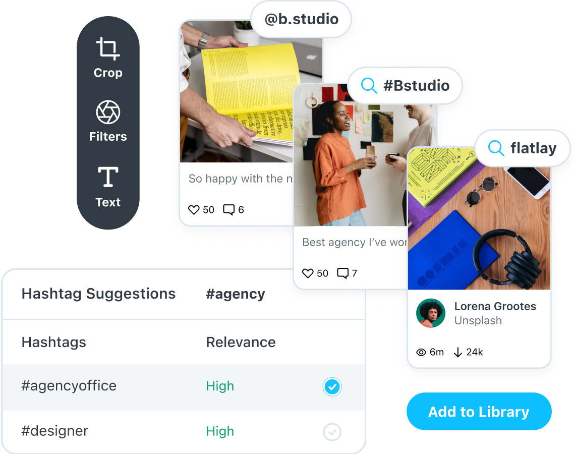 B Studio uses Later to search for UGC, choose hashtags, and edit images