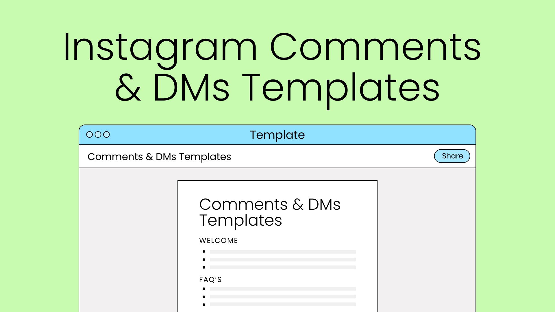 Thumbnail of the comments and dm’s template, showing a preview of the doc with subheadings “welcome” and “faq’s”.