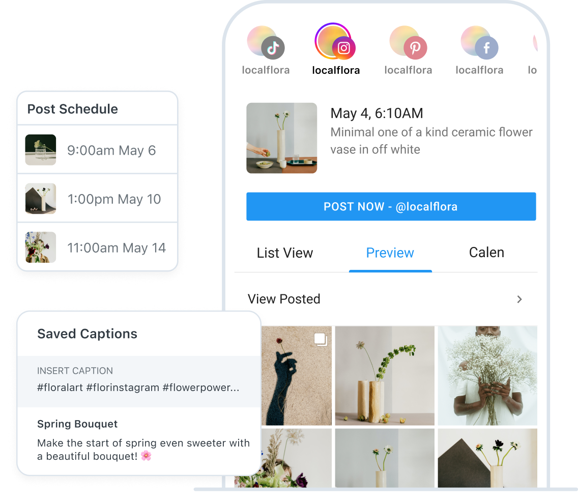 Local Flora schedules posts and saved captions for Instagram, TikTok, Pinterest and Facebook using the Later app