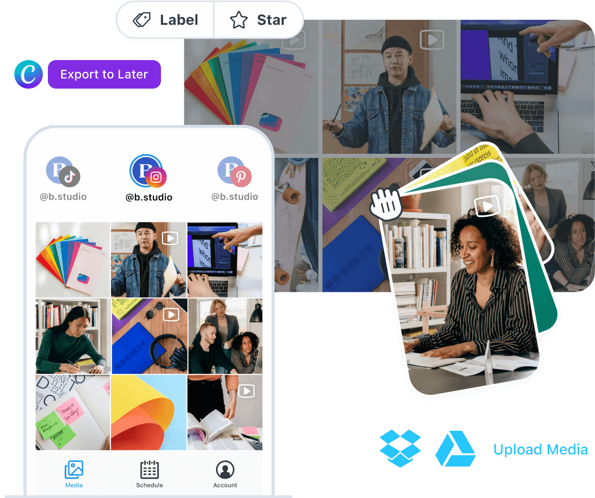 User schedules posts uploaded from Canva, Dropbox, and Google Drive from Media Library on TikTok, Instagram, and Pinterest
