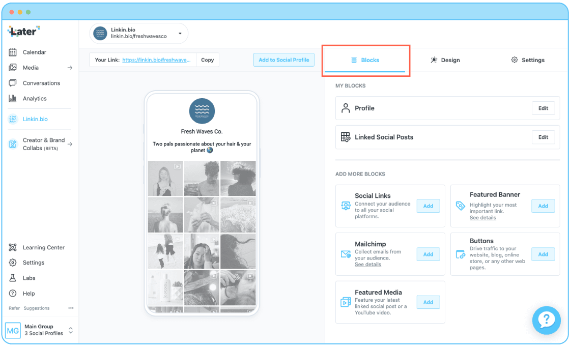 An overview of Fresh Waves Co's Linkin.bio management page, displaying the Blocks menu.