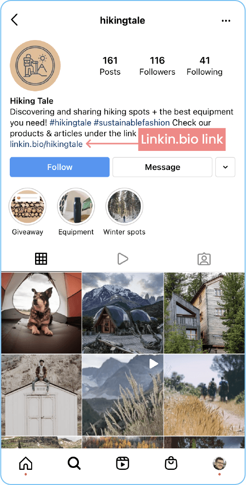 An arrow labeled 'Linkin.bio link' points to the website field of the Hiking Tale Instagram bio, and URL is: linkin.bio/hikingtale