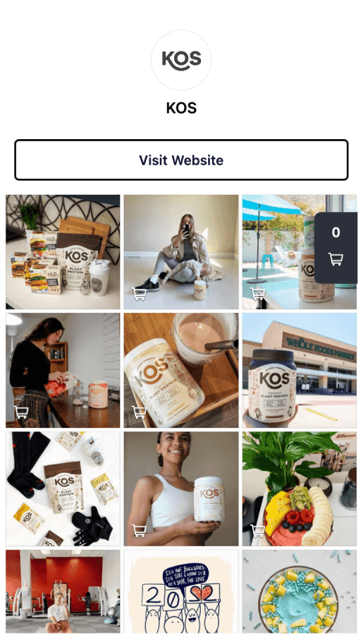Screenshot of KOS' linkin.bio page with a button to visit their website and a grid of their mostly shoppable posts