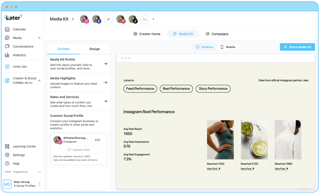 A creator's Instagram Reels Performance is previewed within Later's Media Kit management page.