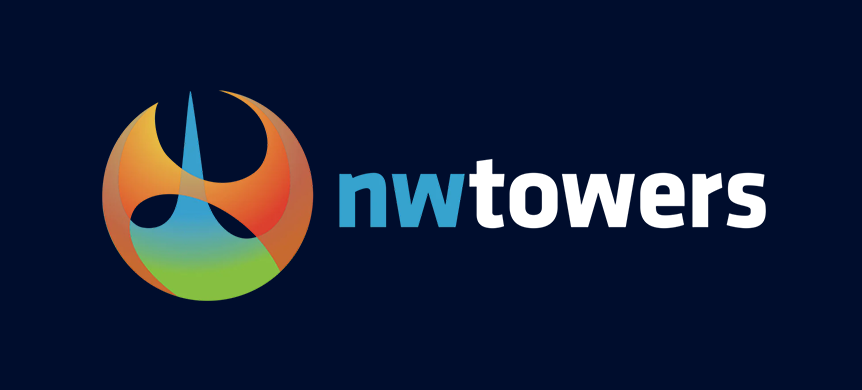 NW Towers logo with a colorful emblem and text on a dark blue background,