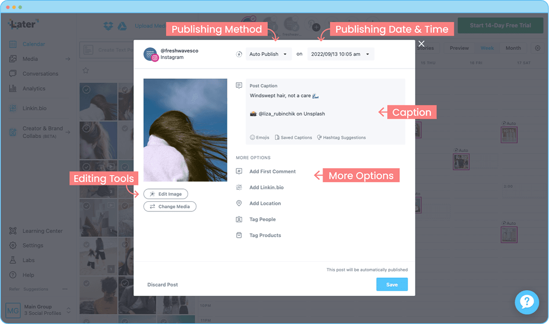 A diagram outlining how to use key features in the Instagram Post Builder