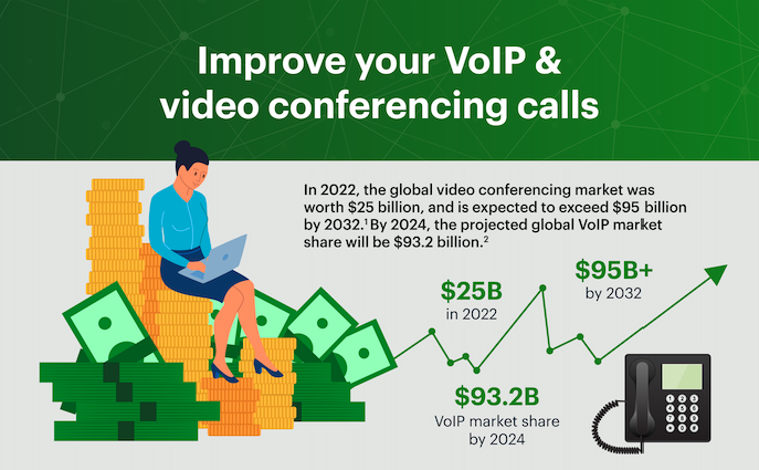 Illustration of woman sitting on a pile of money working on her laptop next to statistics about the value of the video conferencing and VoIP industries