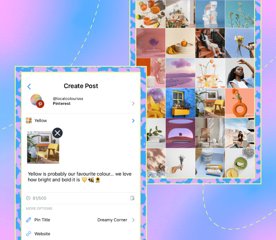 Later's Pinterest scheduling tool beside a Pinterest mood board 