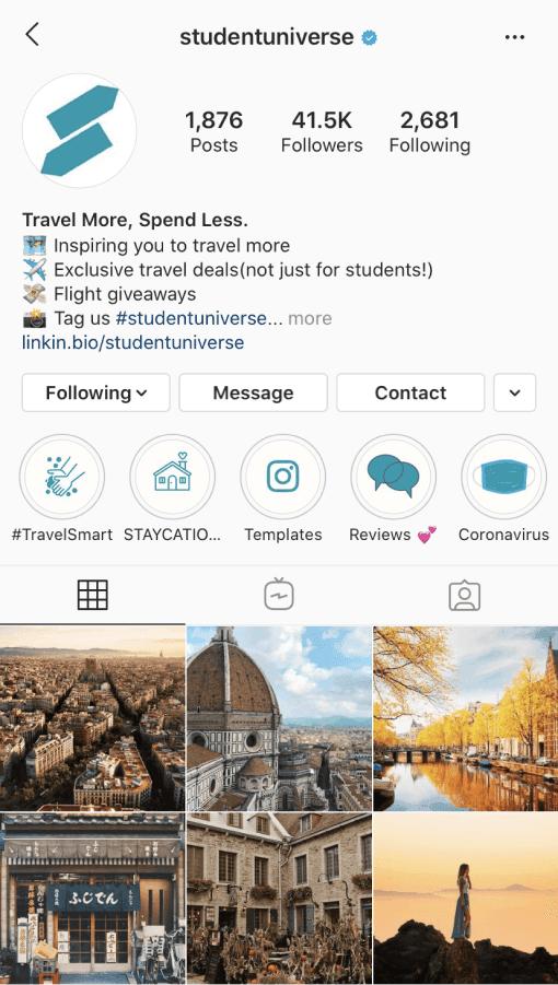 Screenshot of StudentUniverse's Instagram profile on a mobile device