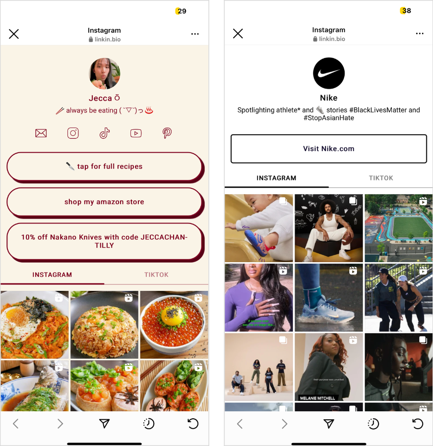 Jecca and Nike's Linkin.bio pages.