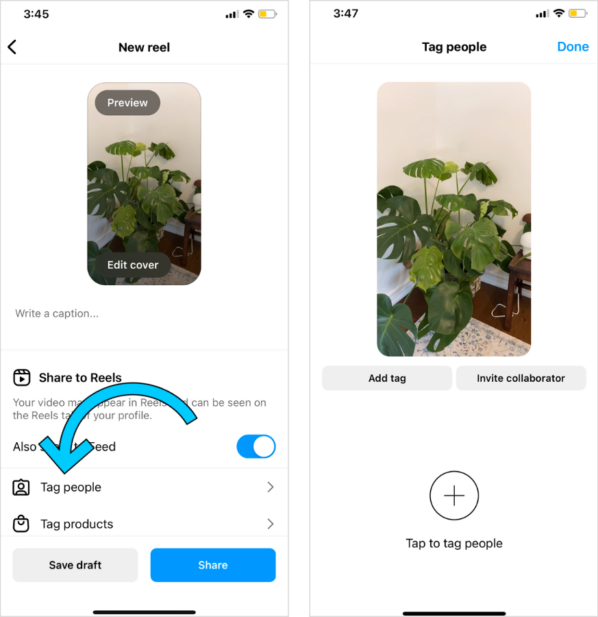 How to tag or add a collaborator to your Instagram Reel.